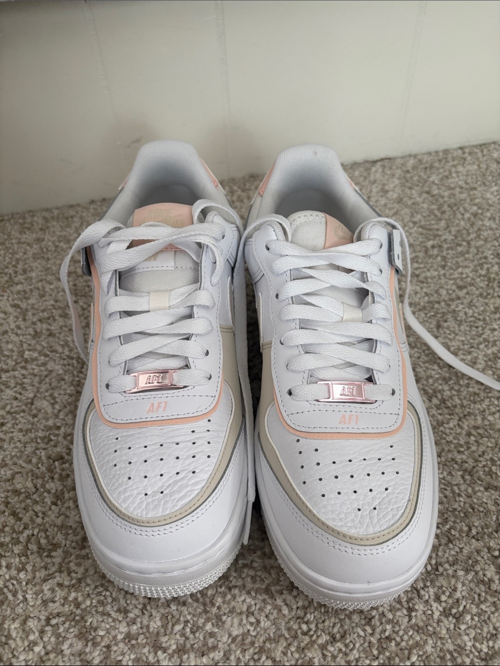 Nike Air Force 1 Shadow White Sneakers with Pale Peach and Beige Accents